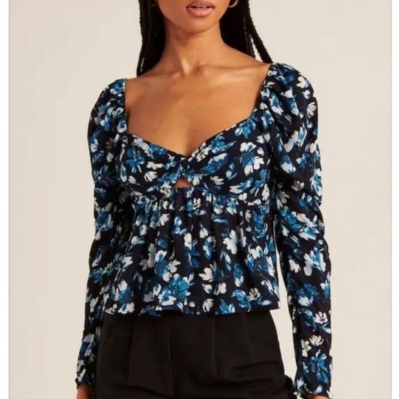 Abercrombie & Fitch Blue Floral Key Hole Light Puff Sleeve Top - Picture 1 of 5